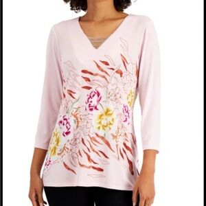 JM Collection Womens Pink Floral 3/4 Sleeve Top Size 3X